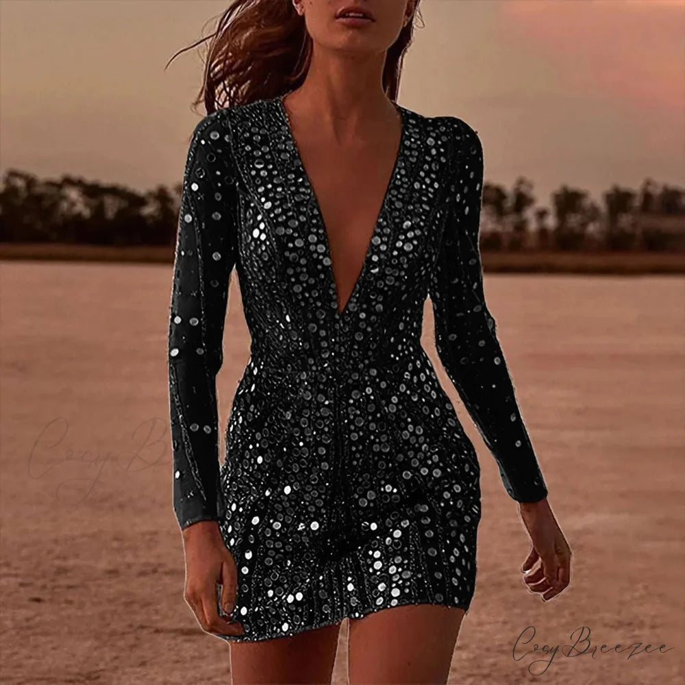 Transparent Long Sleeve Deep V Formal Dress black / S promdress-250223
