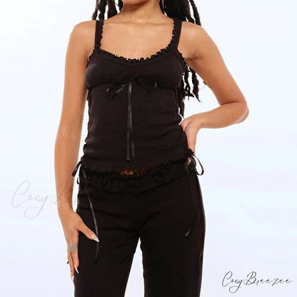 Tree Fungus Eyelet Sleeveless Cami Wide Leg Pants Two Pieces Set Black / S twopiecesset-250126