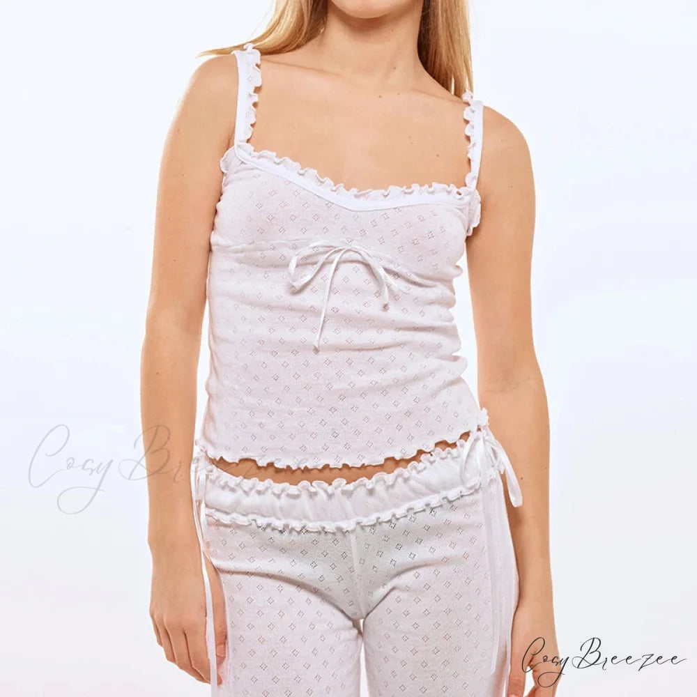 Tree Fungus Eyelet Sleeveless Cami Wide Leg Pants Two Pieces Set twopiecesset-250126