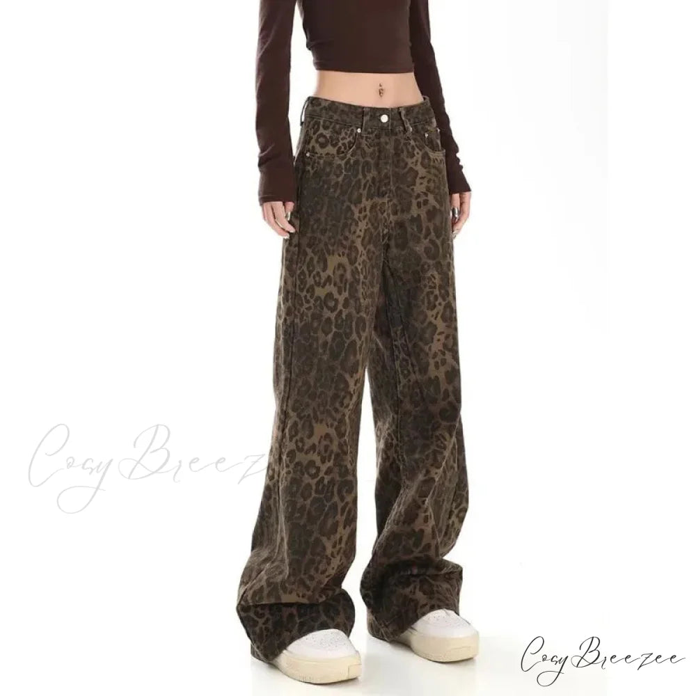 Trendy Autumnal American Retro Leopard Print Niche Design Casual Straight Wide-Leg Pants Jean