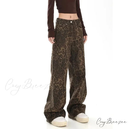 Trendy Autumnal American Retro Leopard Print Niche Design Casual Straight Wide-Leg Pants Jean