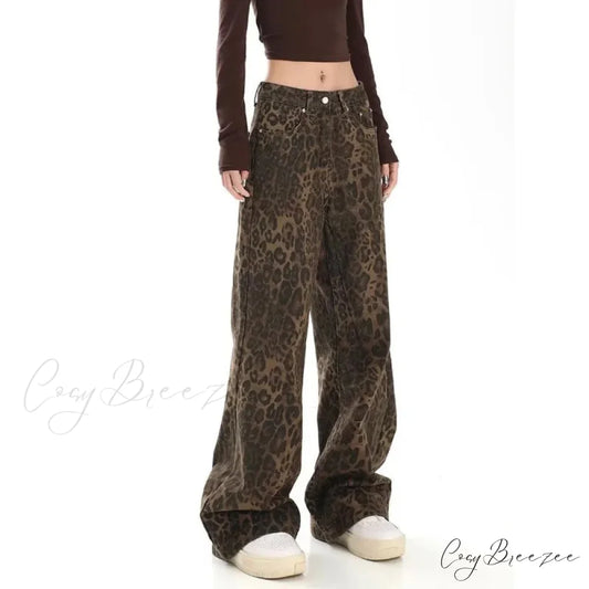 Trendy Autumnal American Retro Leopard Print Niche Design Casual Straight Wide-Leg Pants Jean