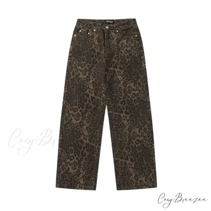 Trendy Autumnal American Retro Leopard Print Niche Design Casual Straight Wide-Leg Pants Jean