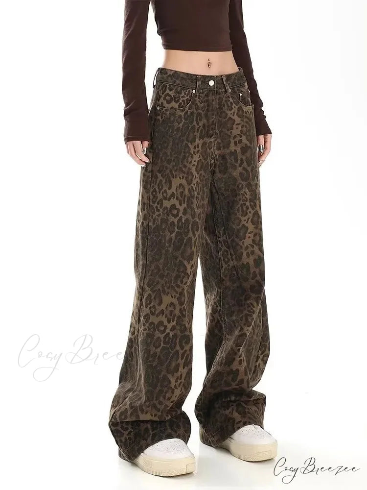Trendy Autumnal American Retro Leopard Print Niche Design Casual Straight Wide-Leg Pants Jean Leopard print / S