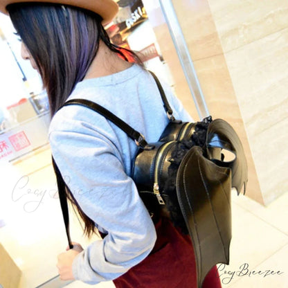 Trendy Bat Wing Lace PU Gothic Shopping Dating Daypack Backpack Bag Black