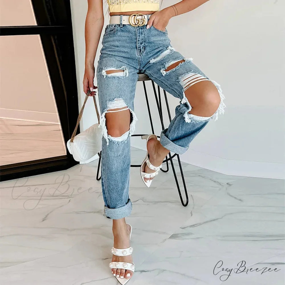 Trendy Blue High Waist Ripped Streetwear Casual Denim Jean Blue / S