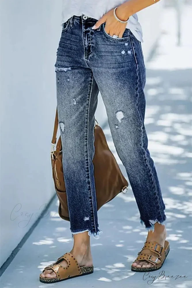 Trendy Casual Blue High Waist Streetwear Ripped Fashion Denim Jean Dark Blue / S