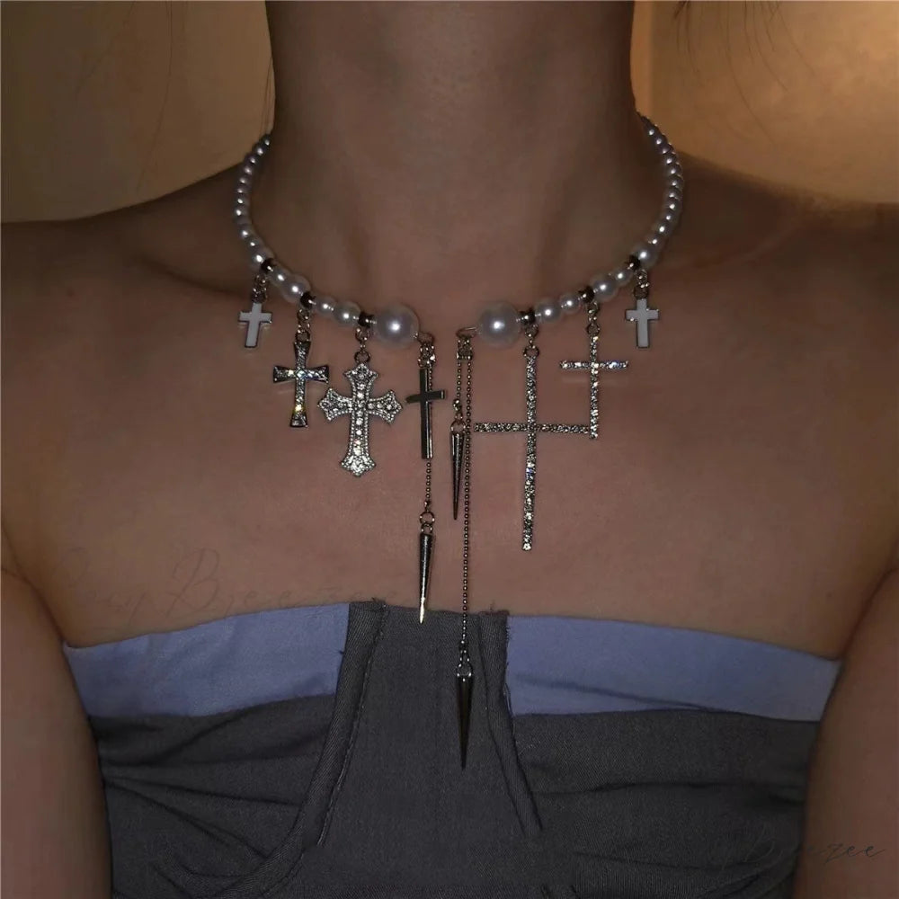 Trendy Cross Rivet Tassel Pearl Beaded High-end Luxury Necklace SILVRE