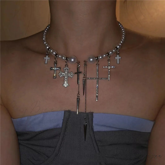 Trendy Cross Rivet Tassel Pearl Beaded High-end Luxury Necklace SILVRE