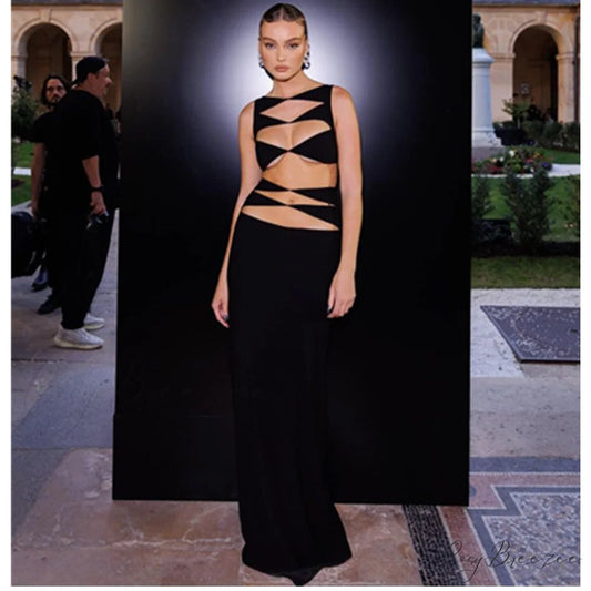 Trendy Cutout Two-Piece Bandage Dress Red Carpet Formal Dress black / XS promdress-250223