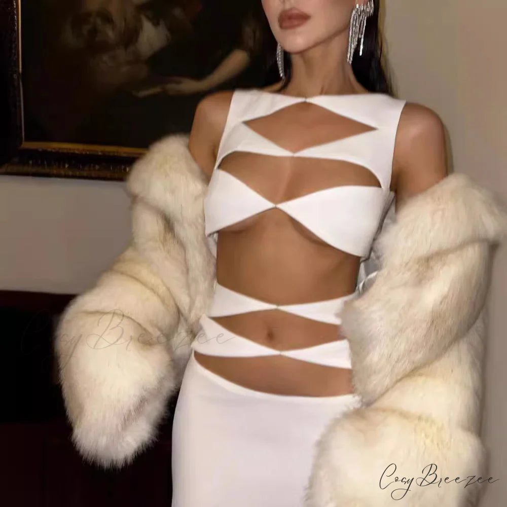 Trendy Cutout Two-Piece Bandage Dress Red Carpet Formal Dress white / XS promdress-250223