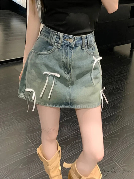 Trendy Denim Ribbon Detail Skirt Blue / S skirts-250223