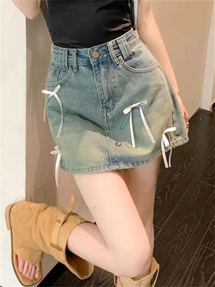 Trendy Denim Ribbon Detail Skirt skirts-250223