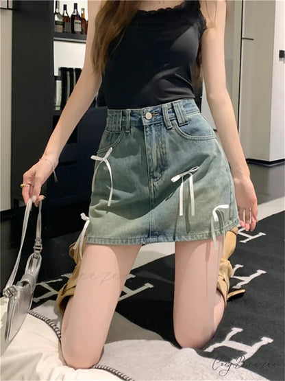 Trendy Denim Ribbon Detail Skirt skirts-250223