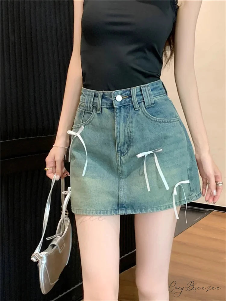 Trendy Denim Ribbon Detail Skirt skirts-250223