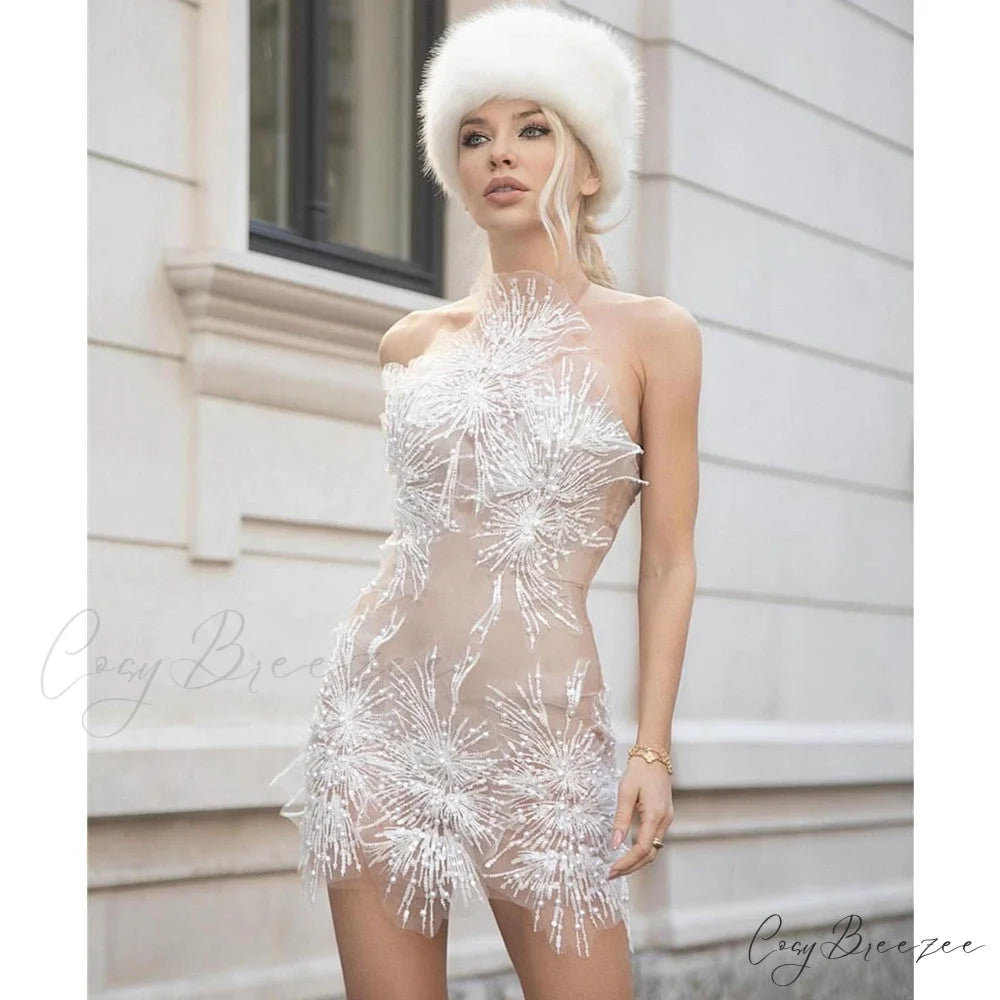 Trendy Gold Floral Fitted Dress Party Formal Dress white1 / Uniform size promdress-250223