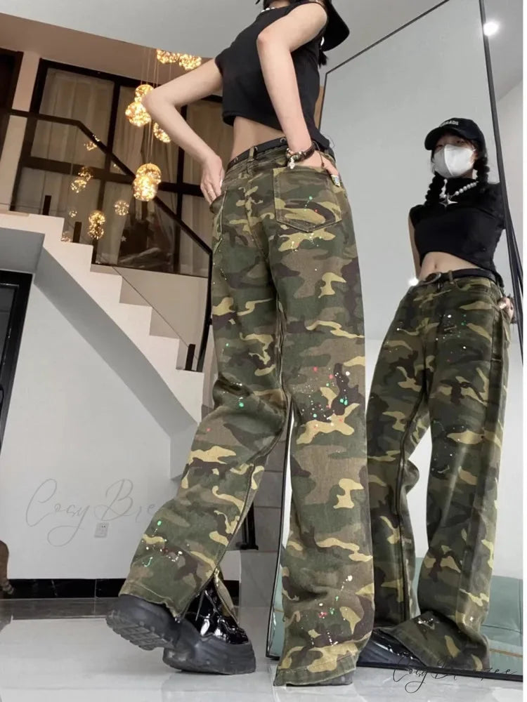 Trendy Hip-hop Vintage Versatile Work Clothes Loose Splashed Ink Camouflage Wide Leg Jean