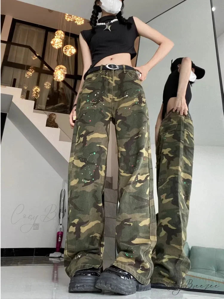Trendy Hip-hop Vintage Versatile Work Clothes Loose Splashed Ink Camouflage Wide Leg Jean