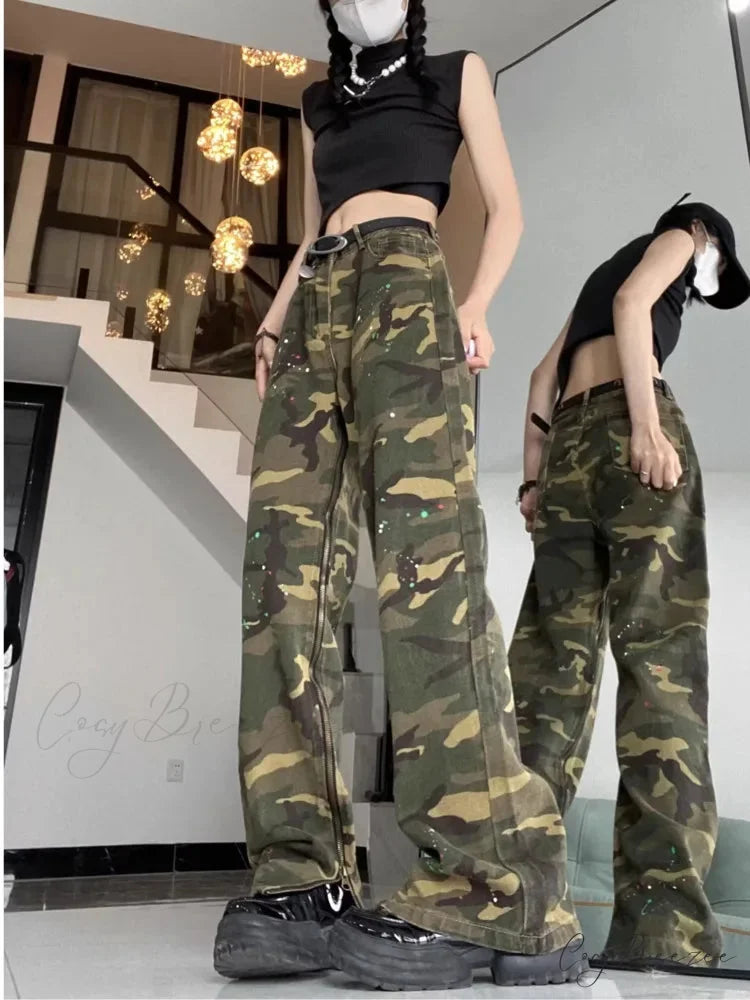 Trendy Hip-hop Vintage Versatile Work Clothes Loose Splashed Ink Camouflage Wide Leg Jean