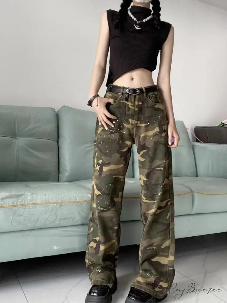 Trendy Hip-hop Vintage Versatile Work Clothes Loose Splashed Ink Camouflage Wide Leg Jean camouflage / S