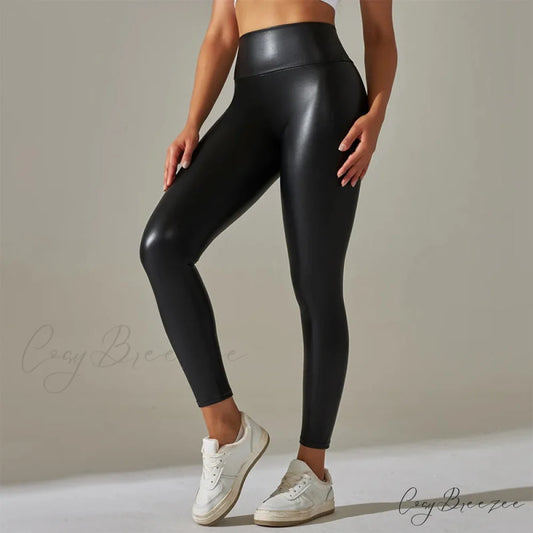 Trendy New Oversized High Waisted Tight Sexy PU Leather Yoga Pants Leggings
