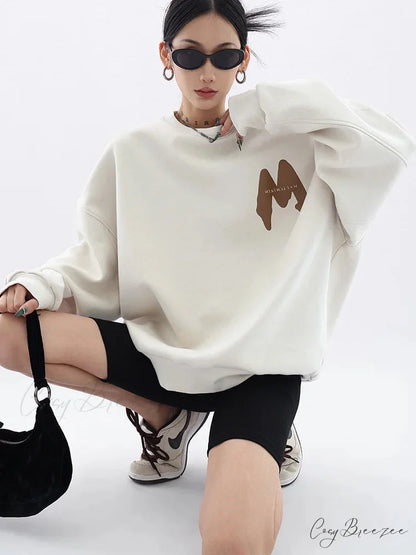 Trendy Printed Oversized Casual Autumn Hoodie Beige / M
