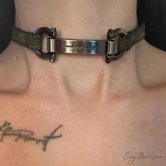 Trendy Punk Heavy Y2K Metal Leather Choker Necklace SILVER