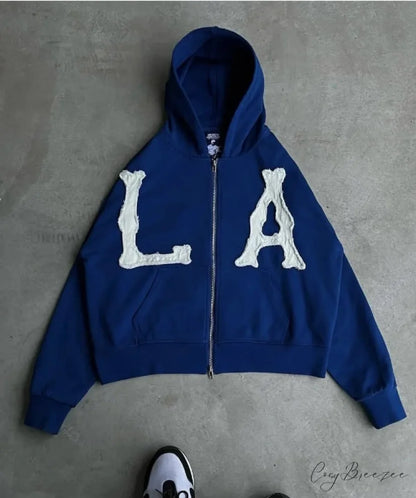 Trendy Retro Embroidered Oversized Comfortable Hoodie BLUE / S