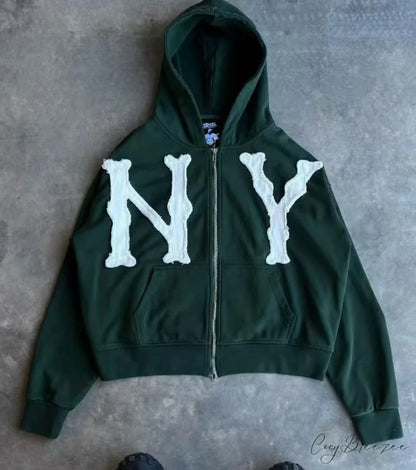Trendy Retro Embroidered Oversized Comfortable Hoodie GREEN / S
