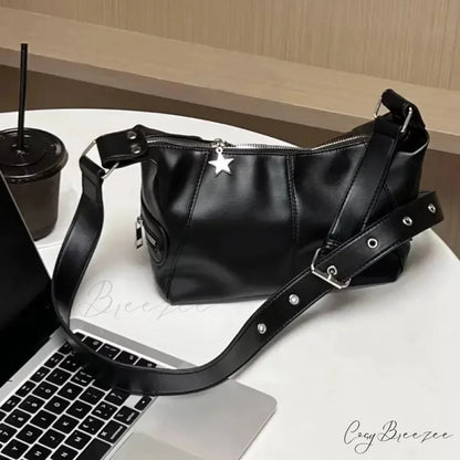 Trendy South Korean Retro Tote Bag Black / 19x12x13cm shoulder-250126
