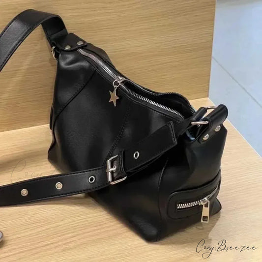 Trendy South Korean Retro Tote Bag Black / 19x12x13cm shoulder-250126