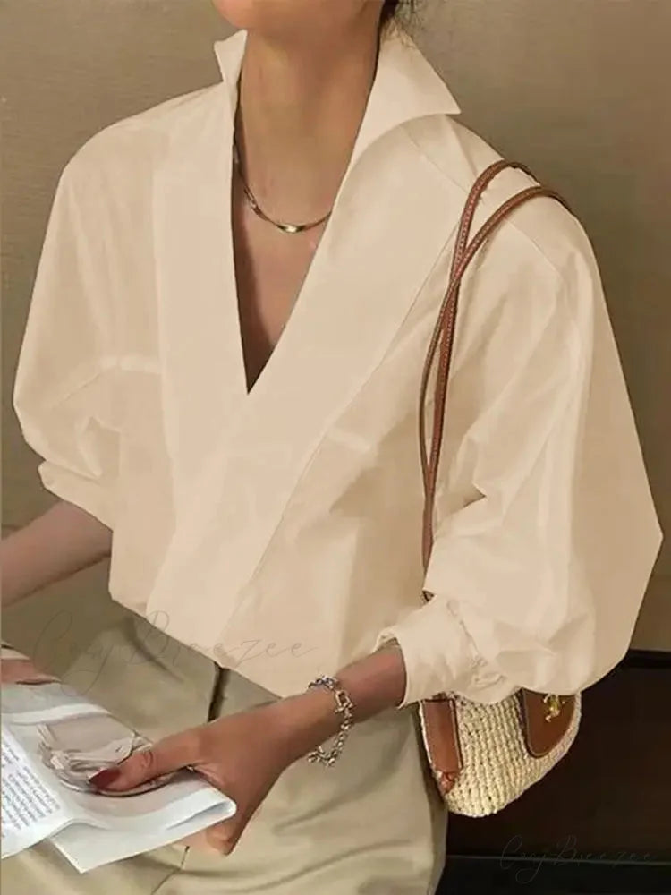 Trendy V-neck Puffy Sleeve White Blouse Khaki / S blouse-250126