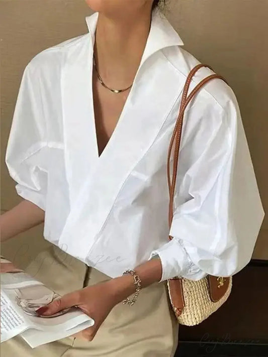 Trendy V-neck Puffy Sleeve White Blouse WHITE / S blouse-250126