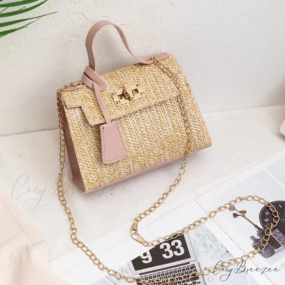 Trendy Woven Personality Straw Handbag Pink handbag-250126