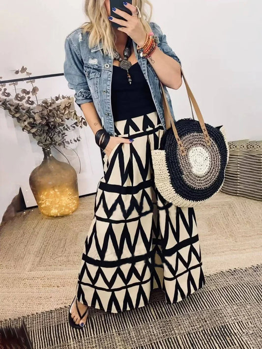 Triangle Printed Back Waist Graceful Elasticated Pocket Maxi Skirt Black / S