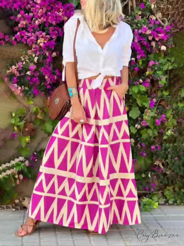 Triangle Printed Back Waist Graceful Elasticated Pocket Maxi Skirt Rose Red / S