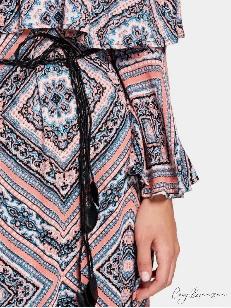Tribal Print Flounce Flare Sleeve Belted Dress