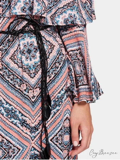 Tribal Print Flounce Flare Sleeve Belted Dress