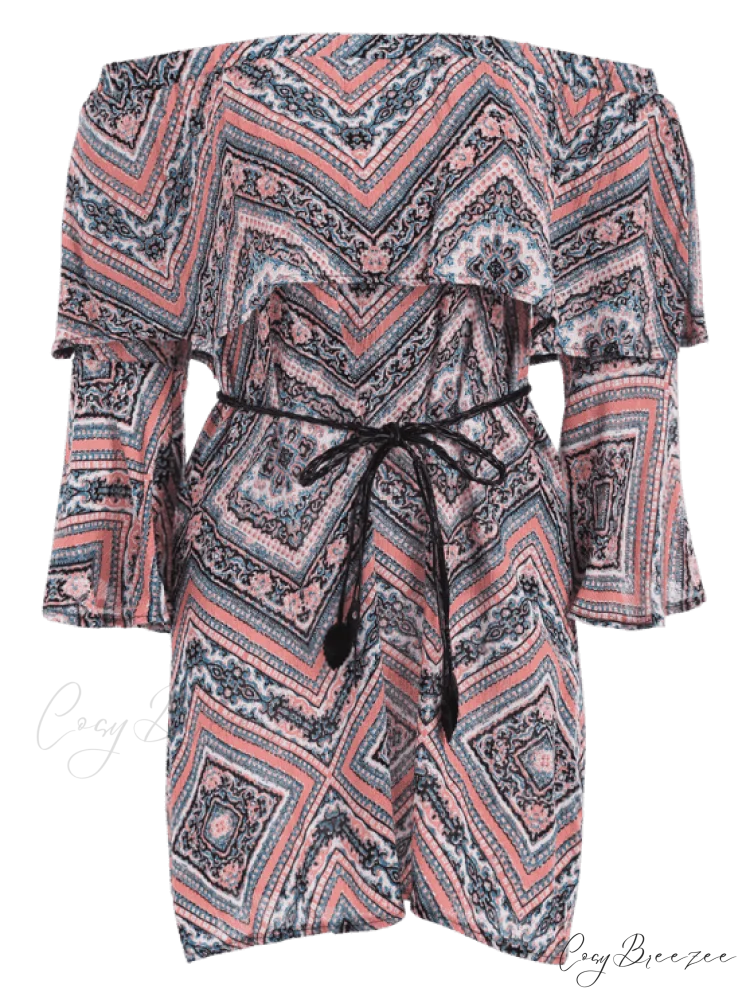 Tribal Print Flounce Flare Sleeve Belted Dress