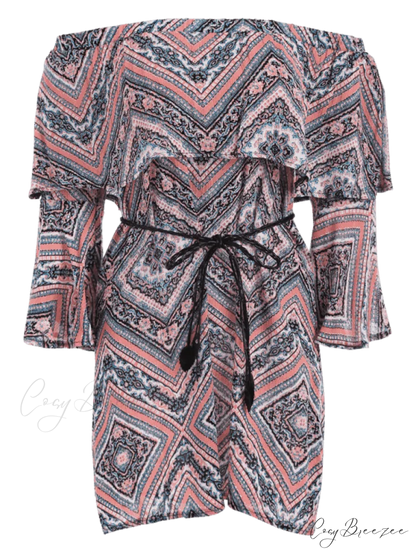 Tribal Print Flounce Flare Sleeve Belted Dress