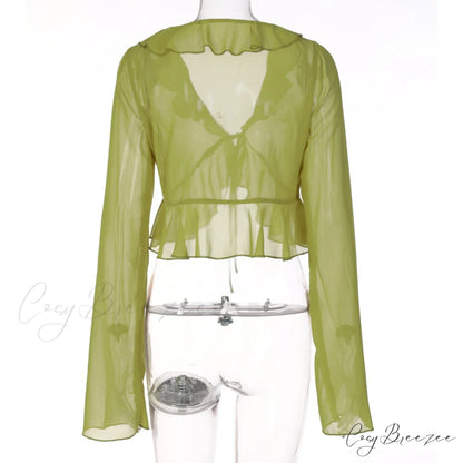 Trim Lace T-shirt 90s with Chiffon Ruffles Up and Vintage Green Detail