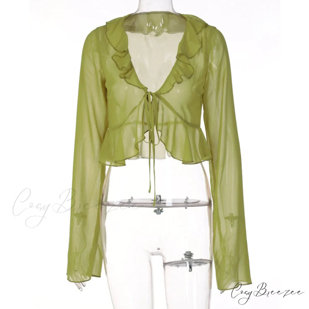 Trim Lace T-shirt 90s with Chiffon Ruffles Up and Vintage Green Detail