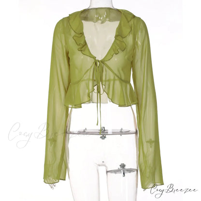 Trim Lace T-shirt 90s with Chiffon Ruffles Up and Vintage Green Detail