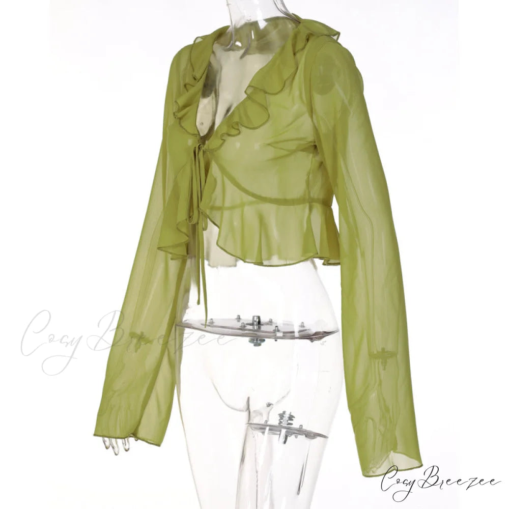Trim Lace T-shirt 90s with Chiffon Ruffles Up and Vintage Green Detail