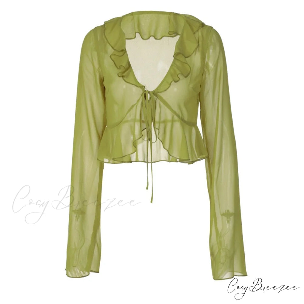 Trim Lace T-shirt 90s with Chiffon Ruffles Up and Vintage Green Detail green / S