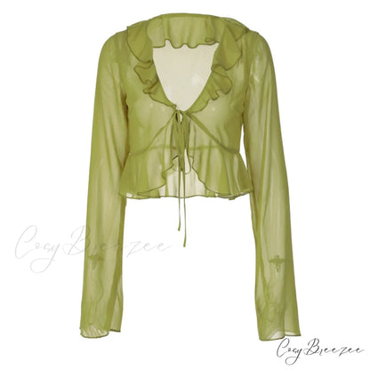 Trim Lace T-shirt 90s with Chiffon Ruffles Up and Vintage Green Detail green / S