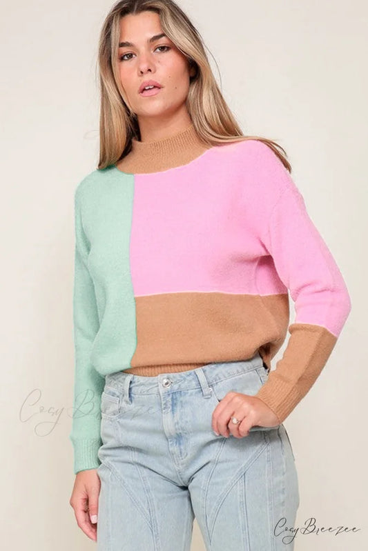 Trim Ribbed Mock Neck Colorblock Sweater
