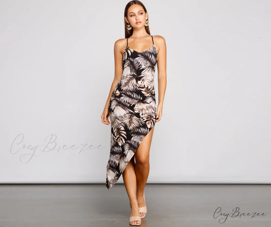 Tropical Dream Stylish Asymmetrical Maxi Dress BLACK / XS