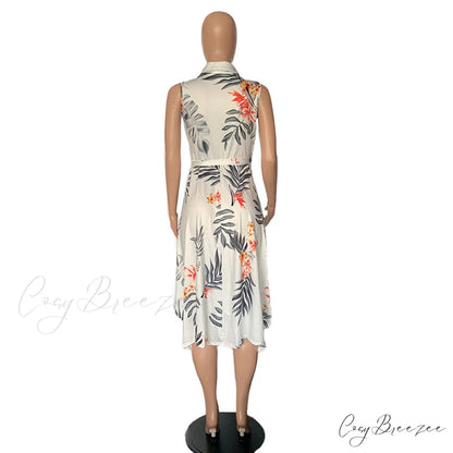 Tropical Print Sleeveless Shirt Dress with Turn Down Collar