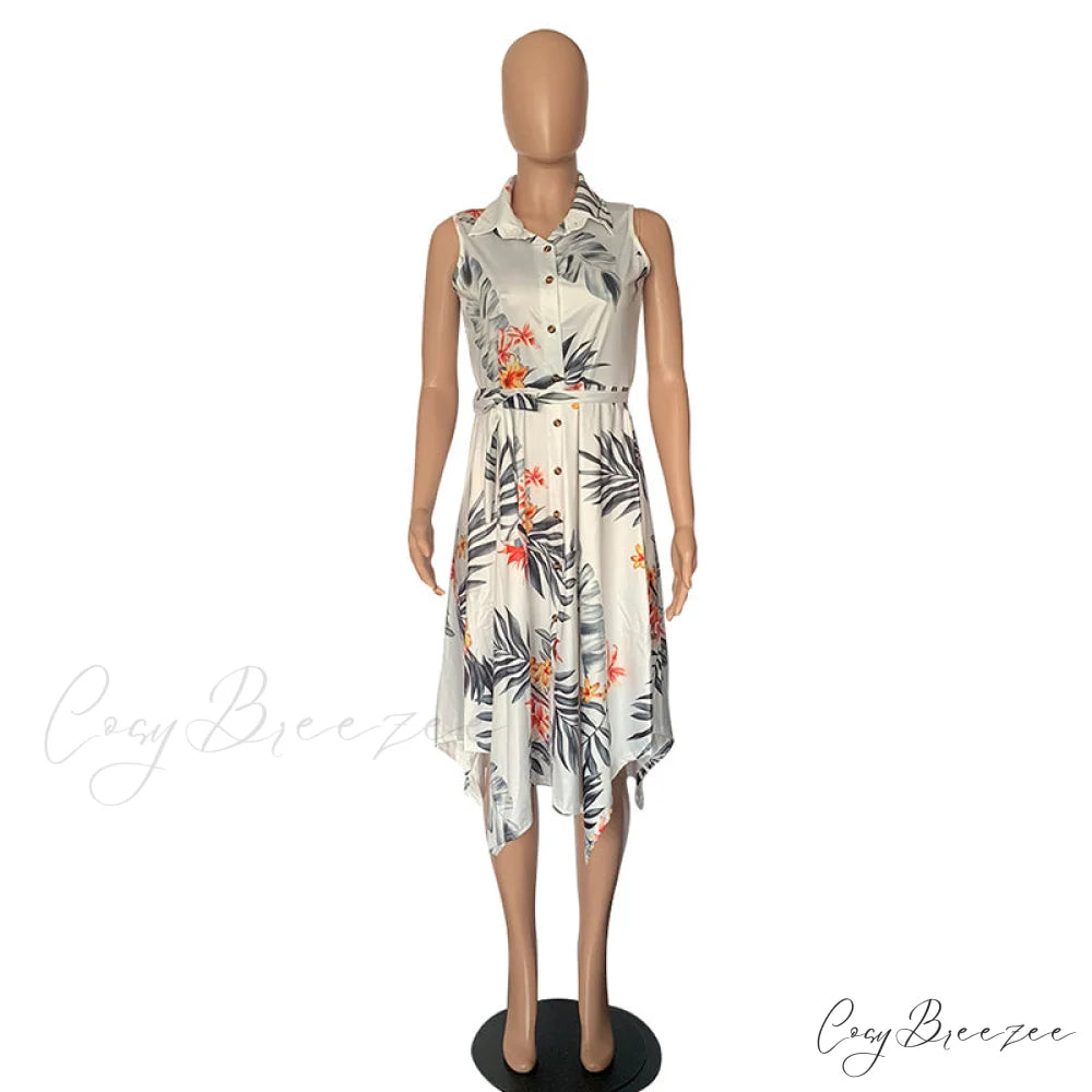 Tropical Print Sleeveless Shirt Dress with Turn Down Collar